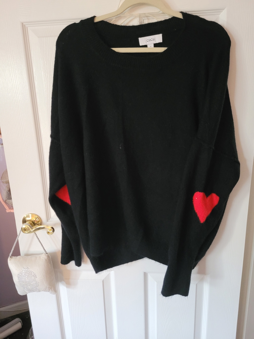 CeCe Black Crewneck Sweater with Red Heart Elbow Patches